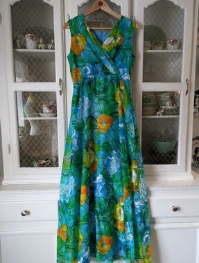 VTG 1960s Handmade Watercolor Green Blue Floral Daisy Chiffon Formal Maxi Dress